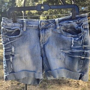 Red Rivet Blue Distressed Jean Shorts